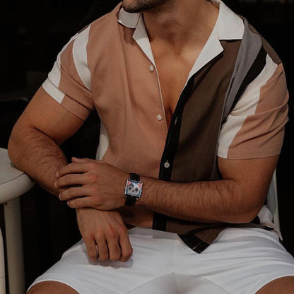 Chemise à manches courtes pour hommes à blocs de couleurs avec boutonnière Chic und Stil