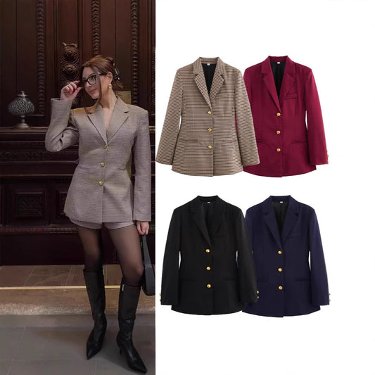 Elegant checked blazer jacket for women with gold buttons Chic and Style