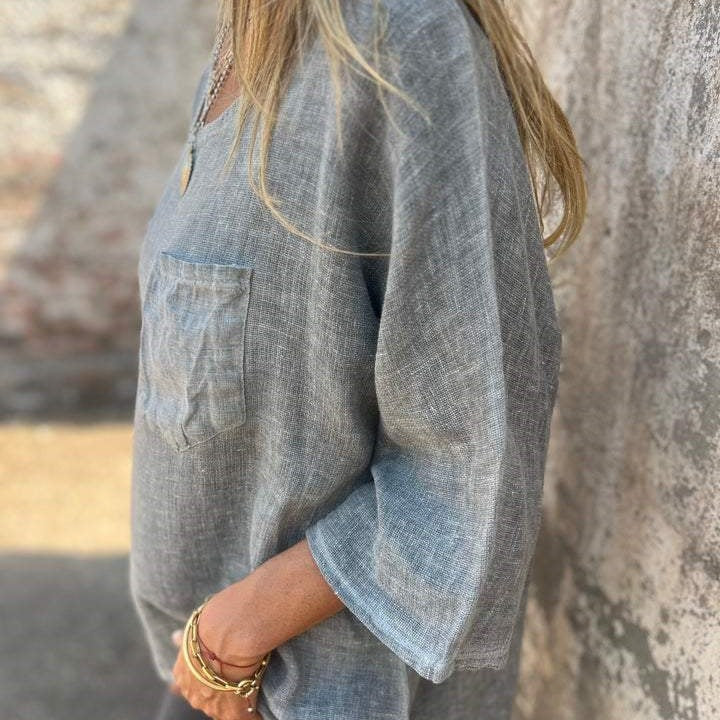 Dames haut en lin décontracté avec coupe ample et poche poitrine Chic und Stil