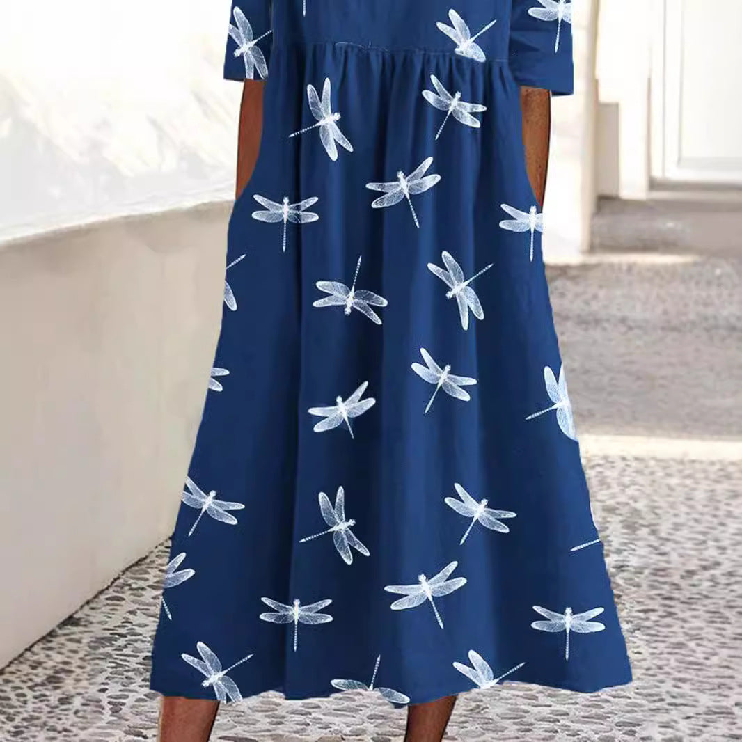 Dames Imprimé Libellule Midi Robe Chic und Stil