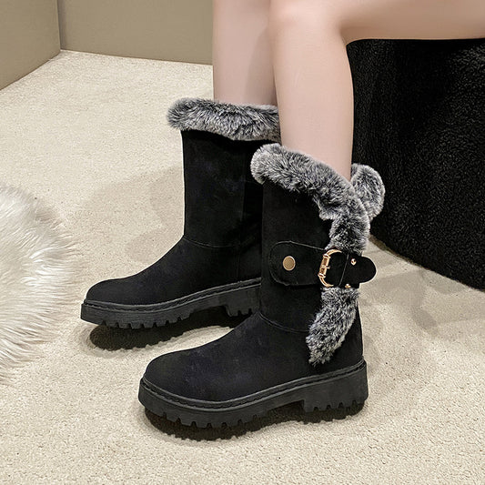 Bottes à doublure chaude pour femmes avec un col en fourrure à la mode et une belle boucle Chic und Stil