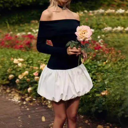 Robe mini à épaules dénudées pour femmes avec jupe volumineuse et manches longues Chic und Stil