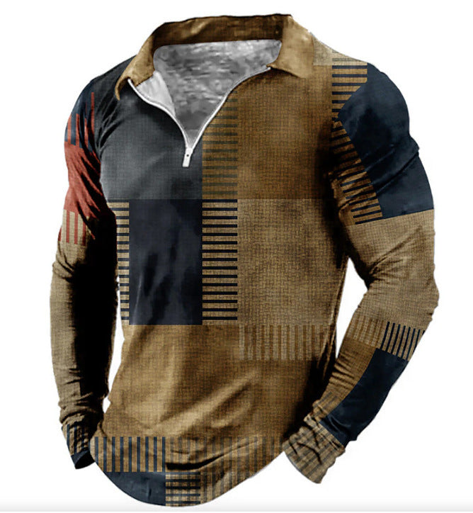 Chemise polo à manches longues pour hommes avec un design patchwork à la mode et une fermeture éclair fonctionnelle Chic und Stil