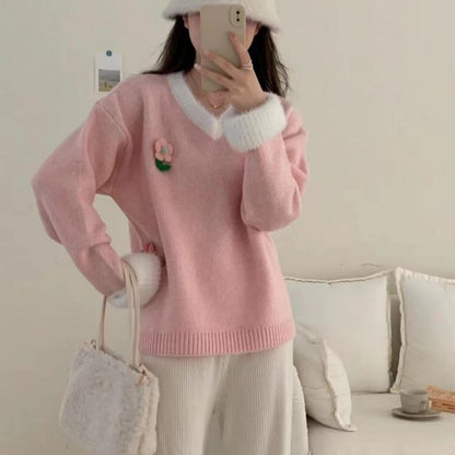 Pull en Viscose pour Femmes avec Décolleté en V et Broderie de Fleurs Chic und Stil