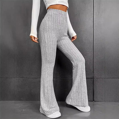 Ladies Comfortable Flared Knit Pants with High Waist and Ribbed Structure Chic and Style