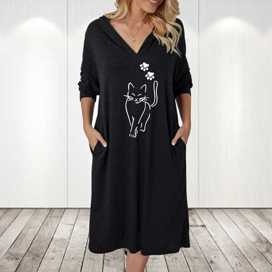 Robe à capuche pour femmes avec un mignon motif de chat et des poches pratiques Chic und Stil
