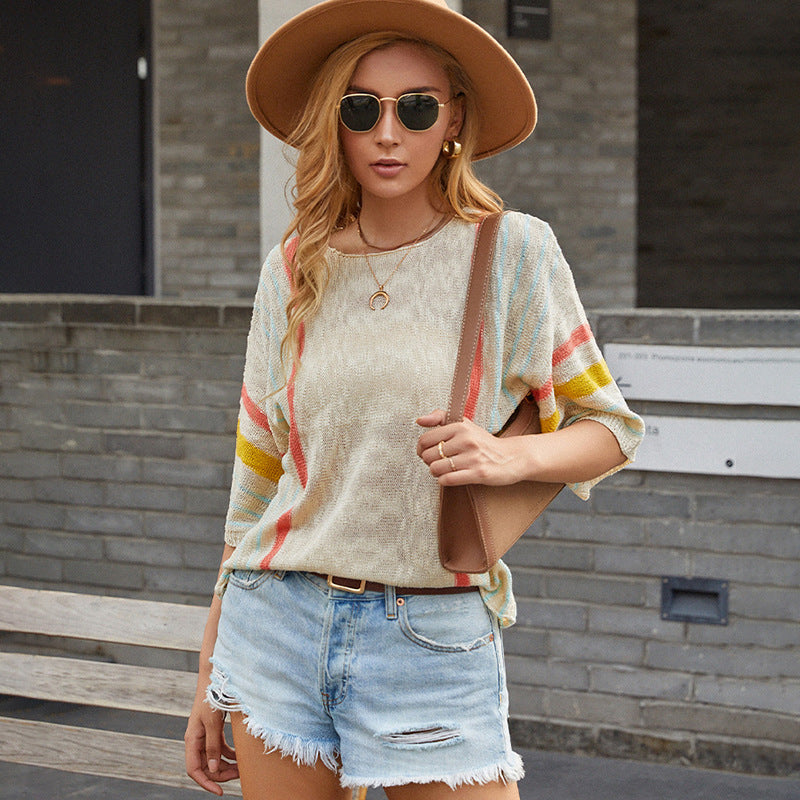 Pull femme décontracté avec motif rayé à la mode et coupe ouverte Chic und Stil