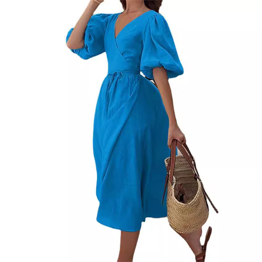 Robe maxi portefeuille pour femmes avec des manches bouffantes et une ceinture à nouer Chic und Stil