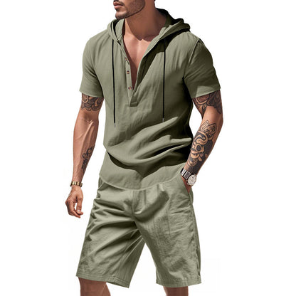 Homme Haut de loisirs à manches longues avec patte de boutonnage et shorts Chic und Stil