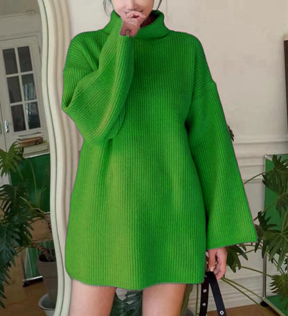 Dames Pull en tricot long avec col montant et manches évasées Chic und Stil