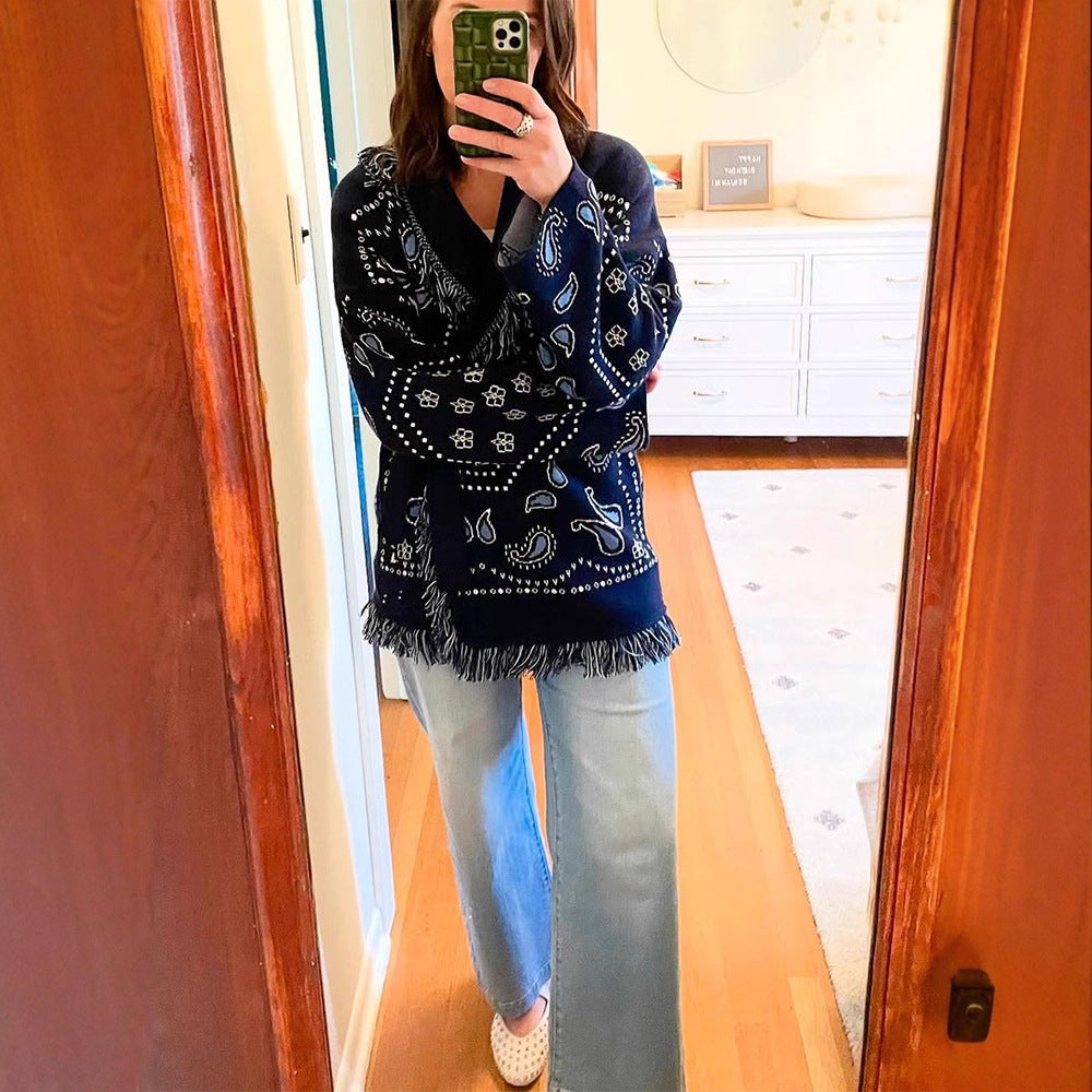 Dames Fransen Poncho avec motif Bandana Chic und Stil