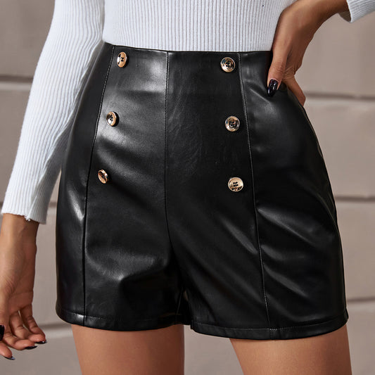 Short en cuir taille haute pour femmes avec double patte de boutonnage Chic und Stil