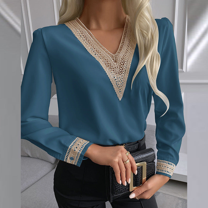 Dames Élégante Blouse à Col V avec Dentelle Décorative Chic und Stil