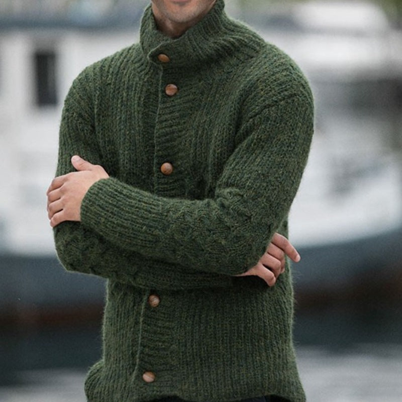 Men's knit jacket with decorative cable pattern and practical high collar Chic and Style