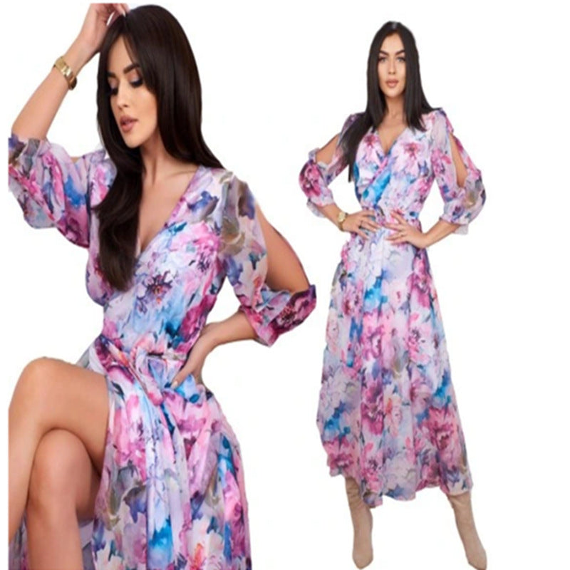 Dames Robe Maxi Longue avec coupe florale et manches raffinées Chic und Stil