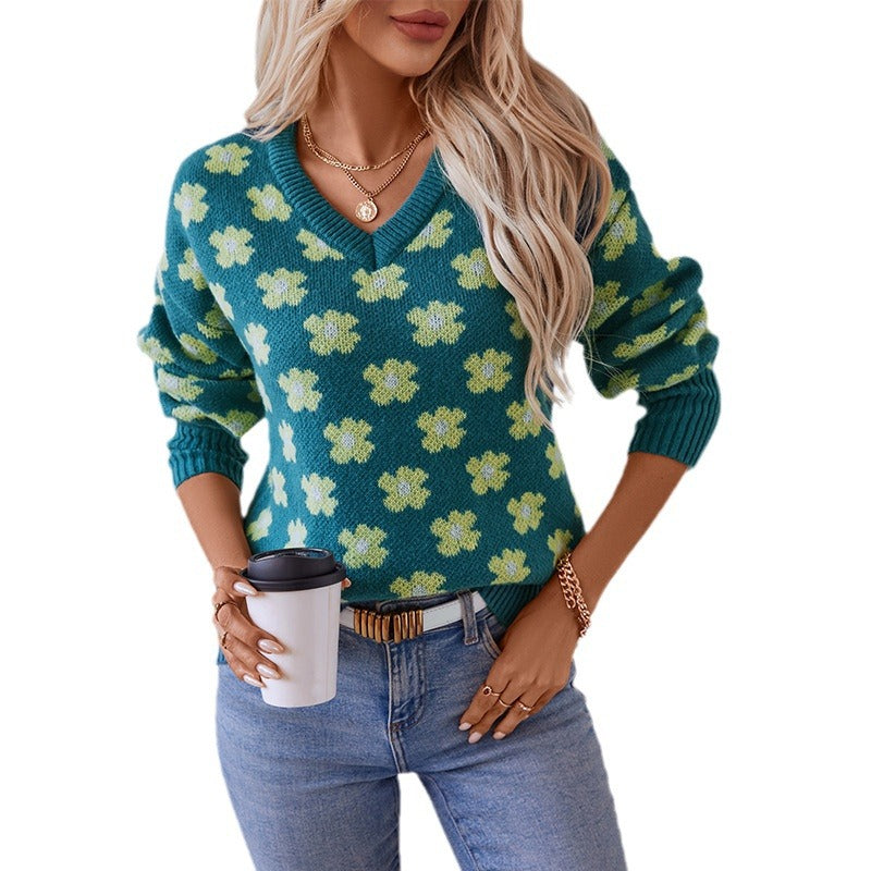 Pull en tricot pour femmes avec motif floral et décolleté en V Chic und Stil