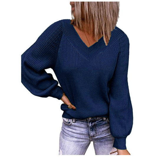 Pull en tricot pour femmes avec décolleté en V et manches bouffantes Chic und Stil