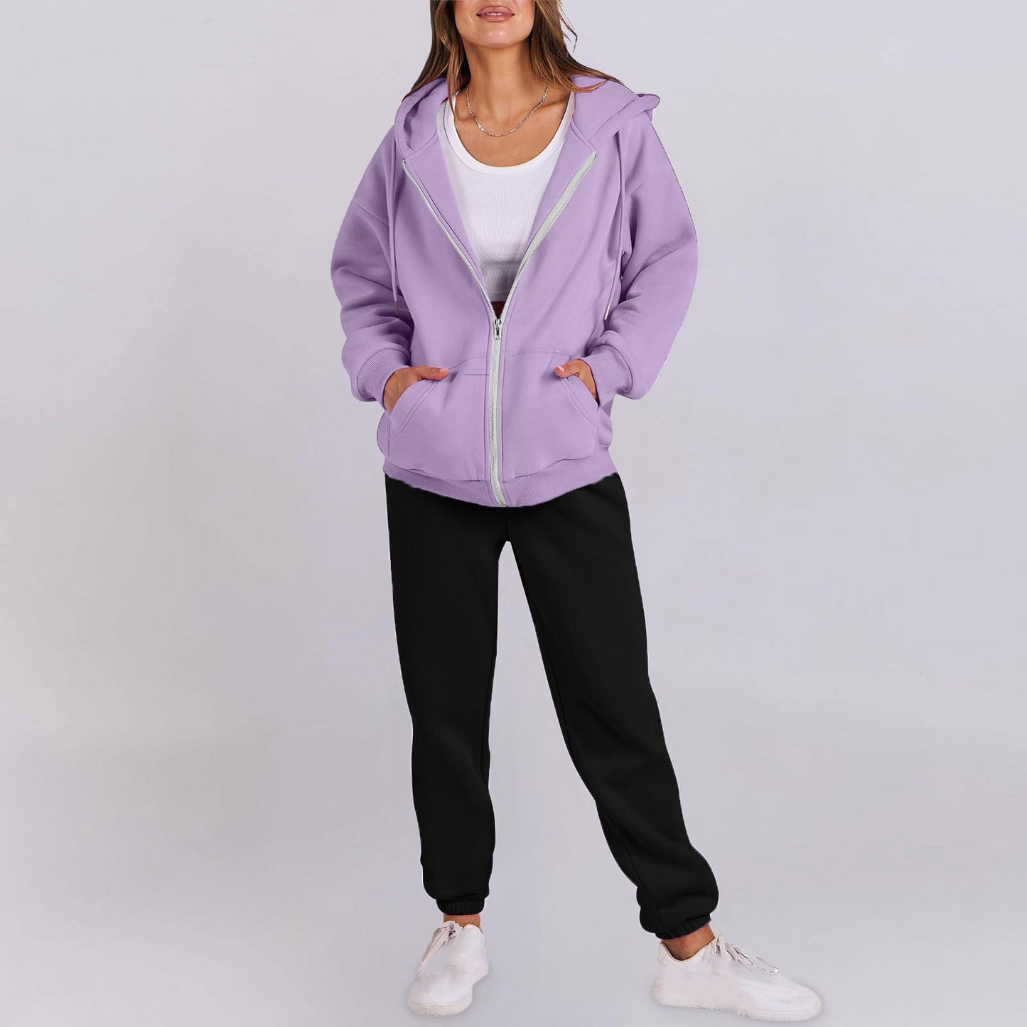 Women's casual zip-up hoodie with a comfortable fit and chic jogger pants