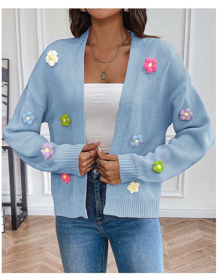 Dames cardigan en tricot décontracté avec appliqués de fleurs colorées Chic und Stil