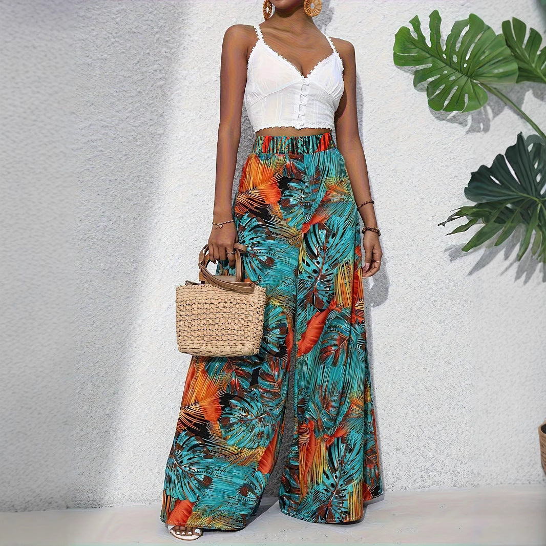 Palazzo Pants for Women with a Lively Palm Pattern and an Elastic High Waist Chic and Style