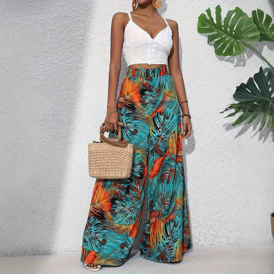 Palazzo Pants for Women with a Lively Palm Pattern and an Elastic High Waist Chic and Style