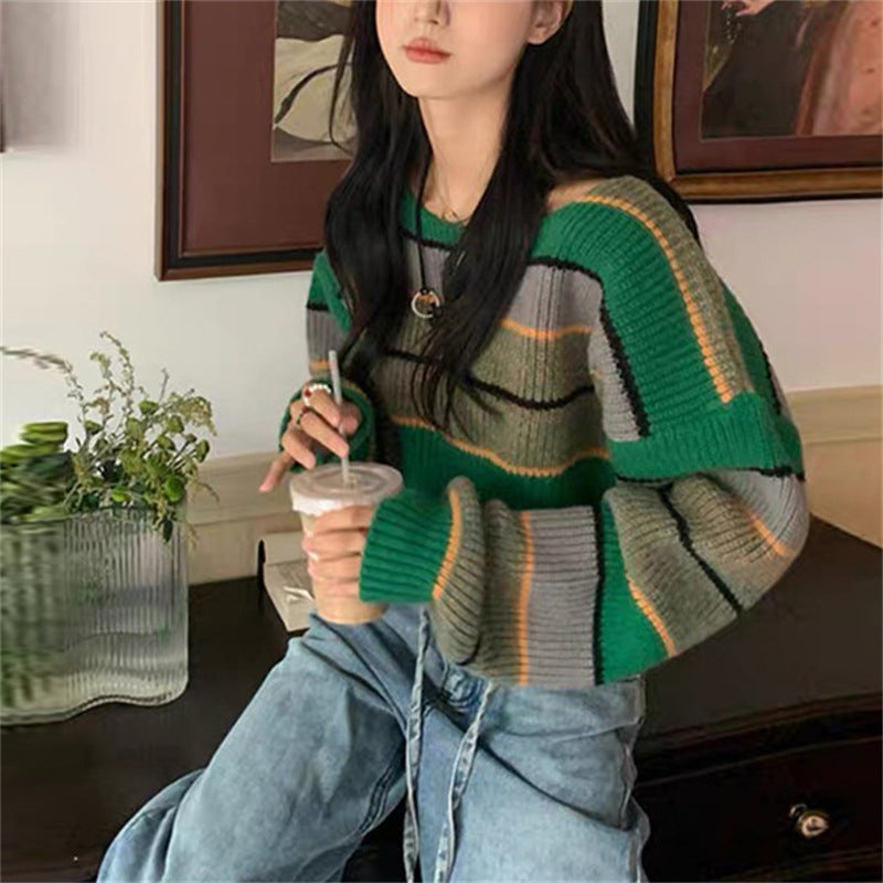 Pull-over en tricot court décontracté pour femmes avec des manches larges et un motif rayé Chic und Stil