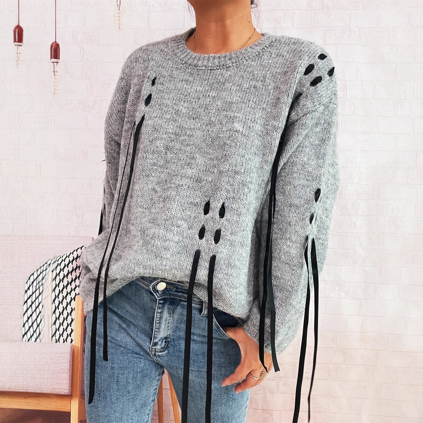 Pull over taille oversized féminin à détails de lacets uniques Chic und Stil