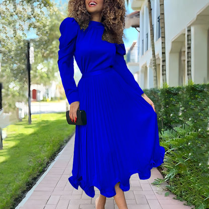 Dames Élégante Robe Midi avec Col Montant et Design Plissé Chic und Stil