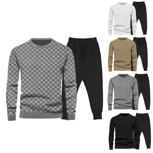 Complete sporty outfit for men with textured sweatshirt and chic jogging pants.