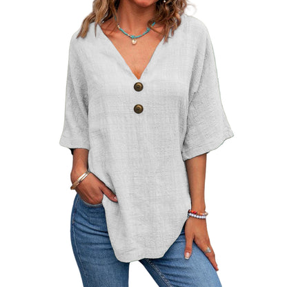 Blouse dames à col en V avec boutons décoratifs et coupe décontractée Chic und Stil