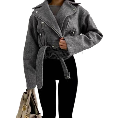 Dames élégante veste en cuir cropped avec fermeture éclair asymétrique et ceinture Chic und Stil