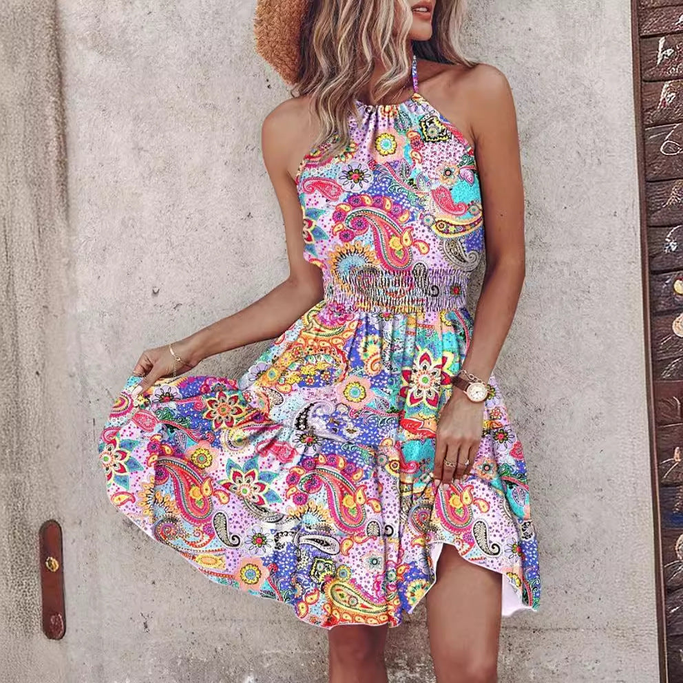Femme Halter Cou Bohème Mini Robe Chic und Stil