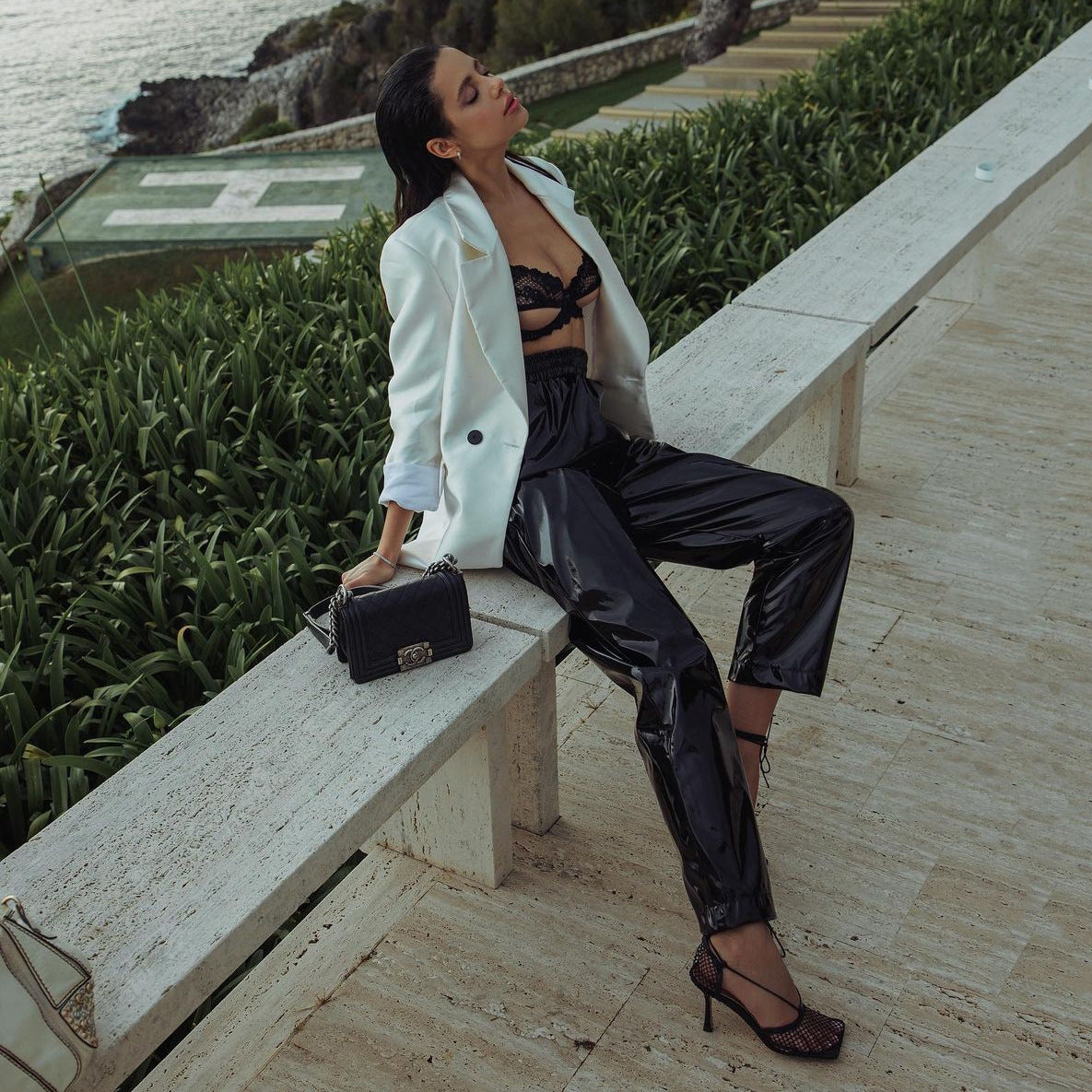 Dames Élégant ensemble blazer avec pantalons brillants Chic und Stil