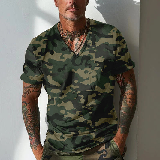 T-Shirt à manches courtes pour hommes avec col en V et design camouflage Chic und Stil