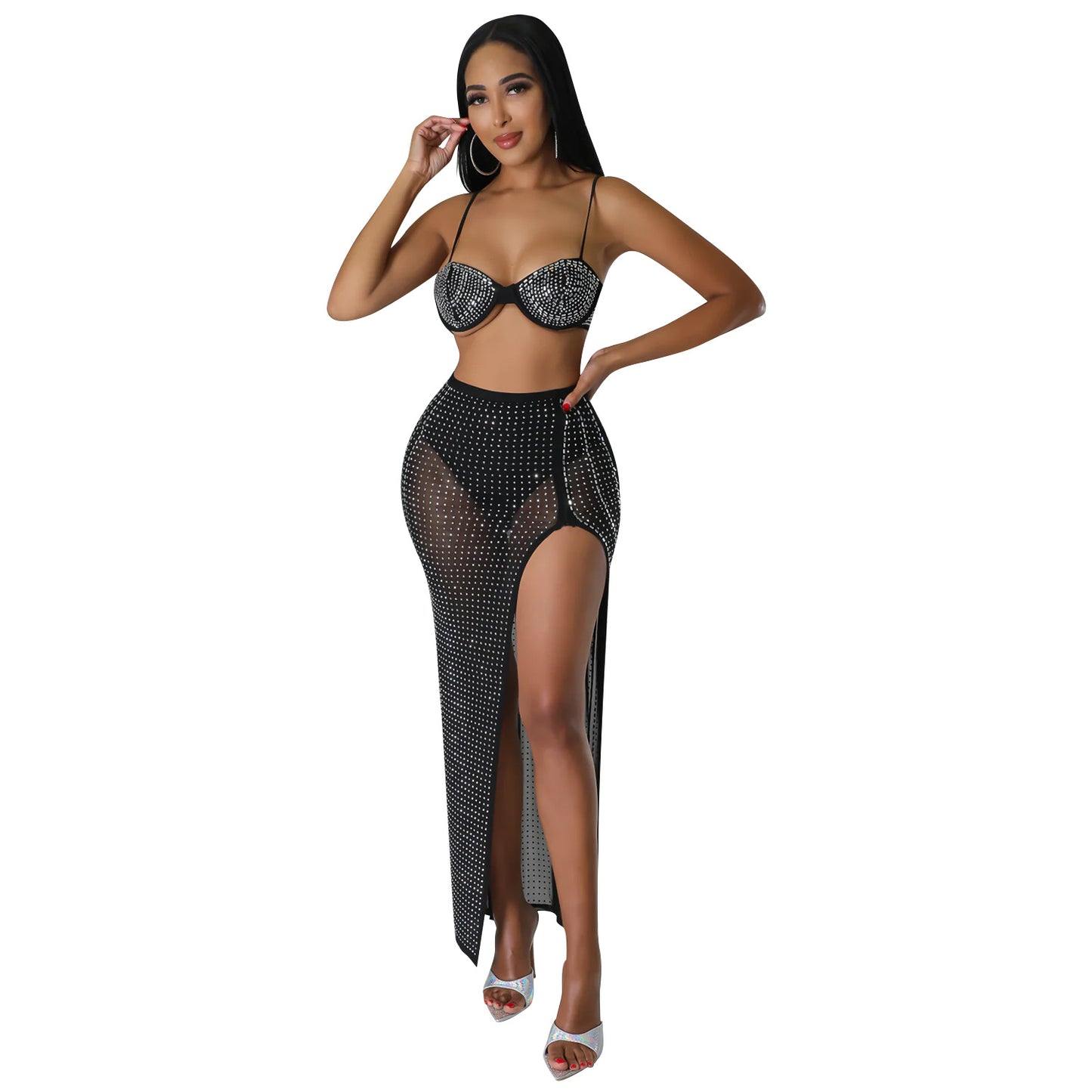 Jupe maxi pour dames avec fente haute et ornements en strass Chic und Stil