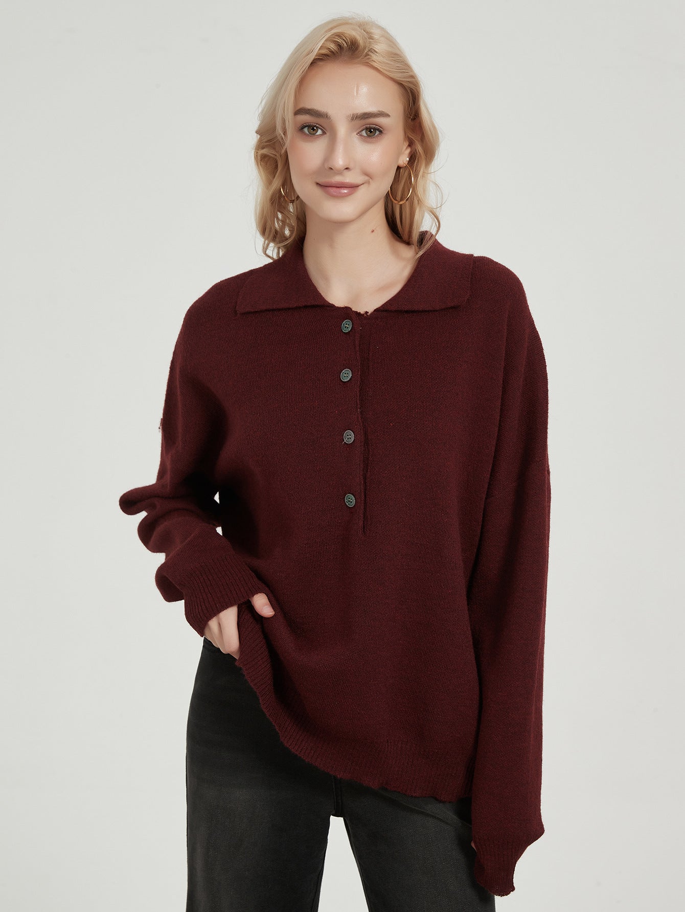 Dames oversized tricot pull avec col élégant et détails de boutons Chic und Stil