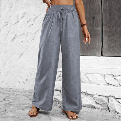 Wide linen pants for women with elastic waistband and side tie belt Chic and Style