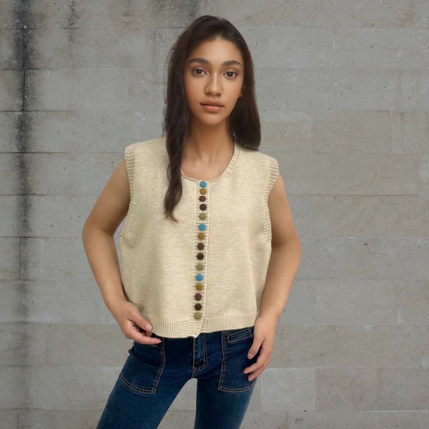 Ladies sleeveless knit vest with decorative buttons Chic and Style