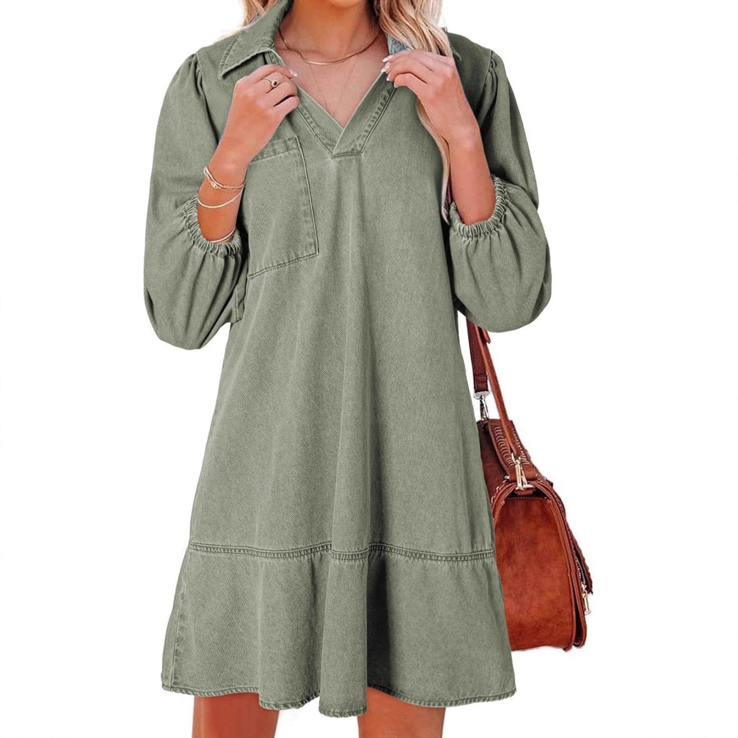 Robe en denim pour femmes avec des manches volumineuses et une poche latérale Chic und Stil