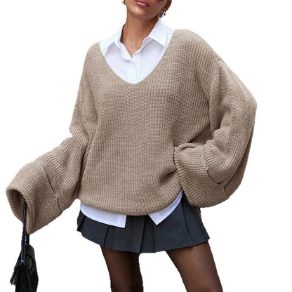 Ladies oversized knitted pullover with deep V-neck Chic and Style