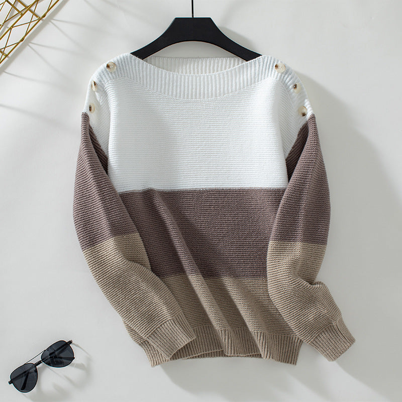 Pull en tricot à la mode pour femmes avec des détails de bouton décoratifs et des rayures block.