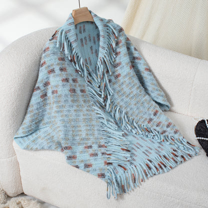 Dames élégant poncho avec des détails frangés et un motif à carreaux moderne Chic und Stil