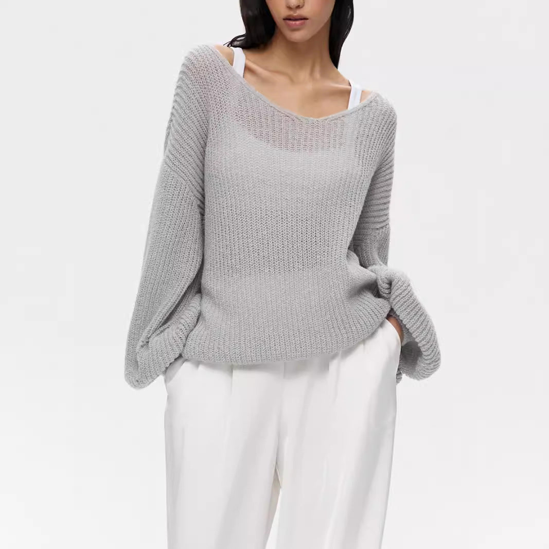 Pull-over en tricot décontracté pour femmes avec des manches larges et un décolleté en V profond Chic und Stil