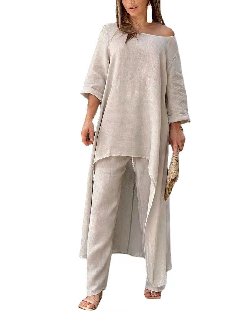 Asymmetrical elegant linen tunic set for women and Chic und Stil pants