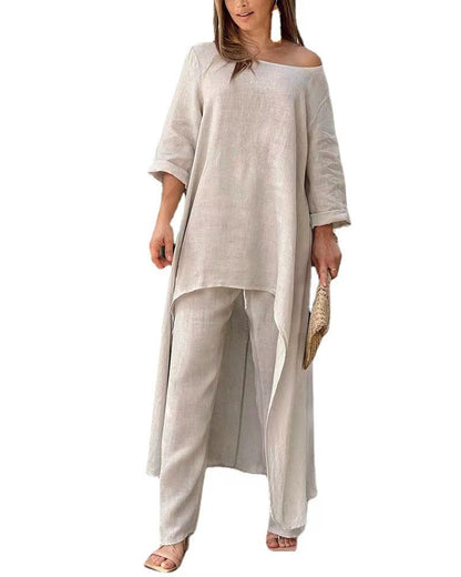 Asymmetrical elegant linen tunic set for women and Chic und Stil pants
