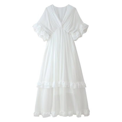 Robe maxi femme avec des détails voluminieux en volants et un élégant décolleté en V Chic und Stil