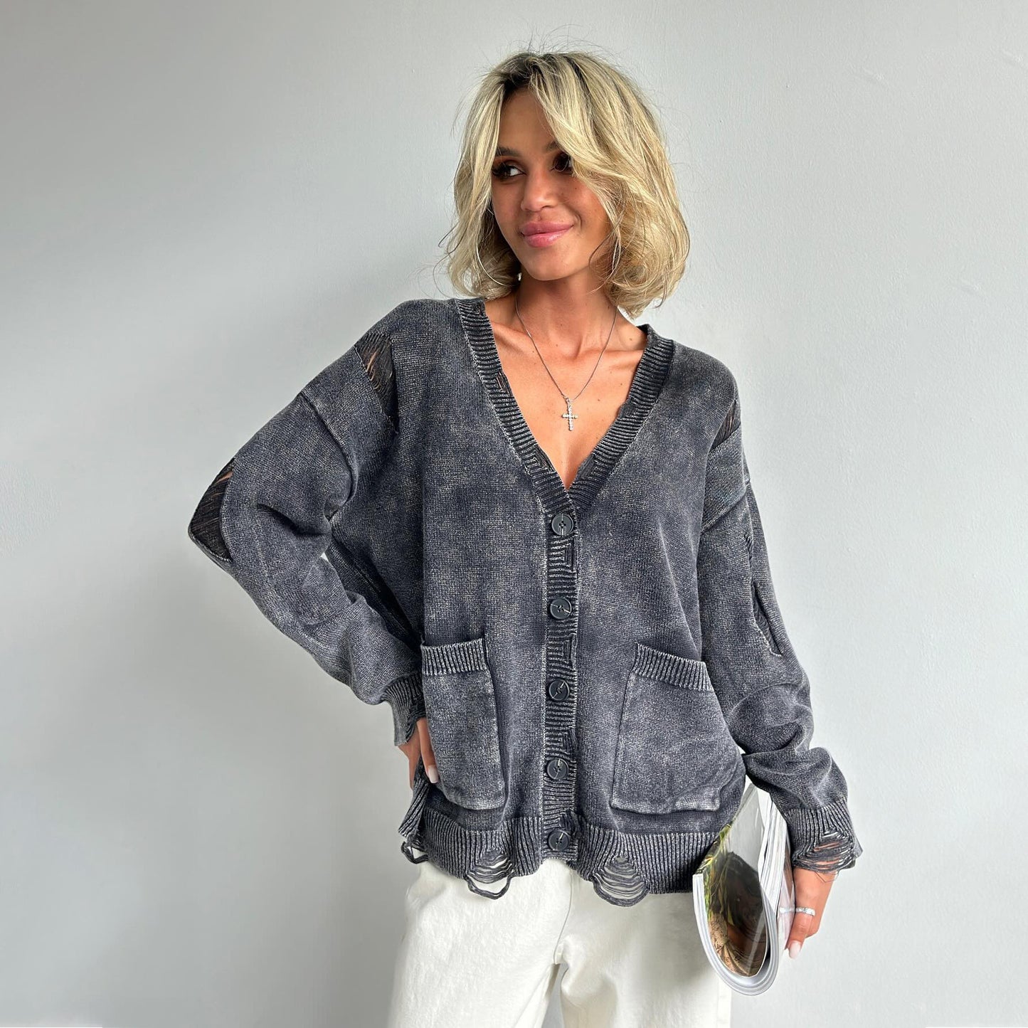 Dames Cardigan en tricot décontracté avec détails en bouton Chic und Stil