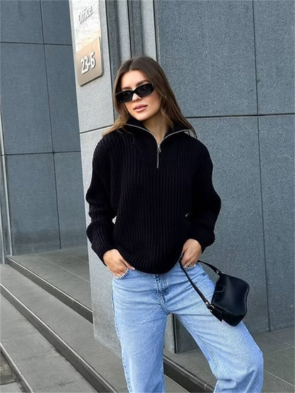 Pull femme en tricot épais avec col montant et fermeture éclair Chic und Stil