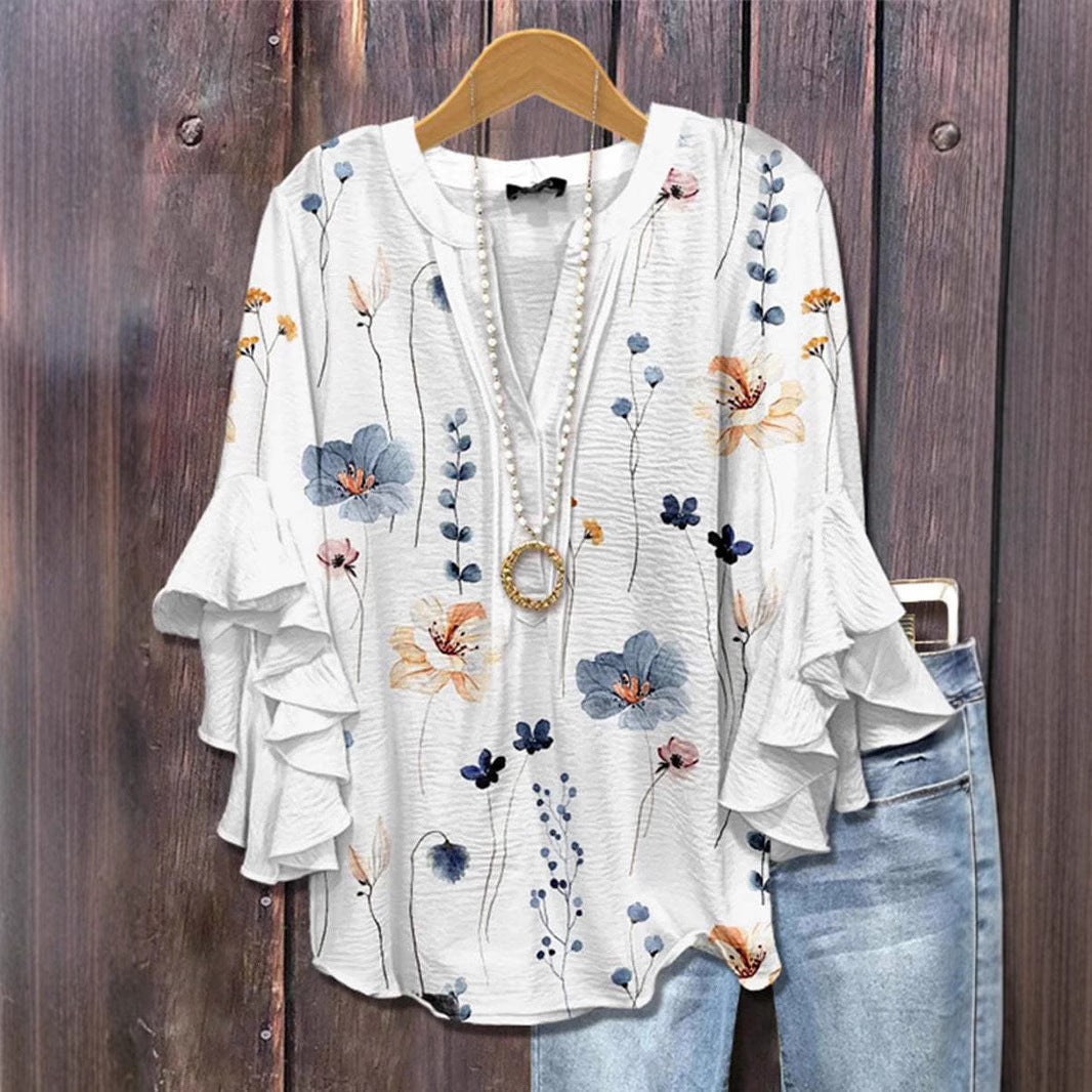 Dames Floral Volant Manche Blouse Chic und Stil