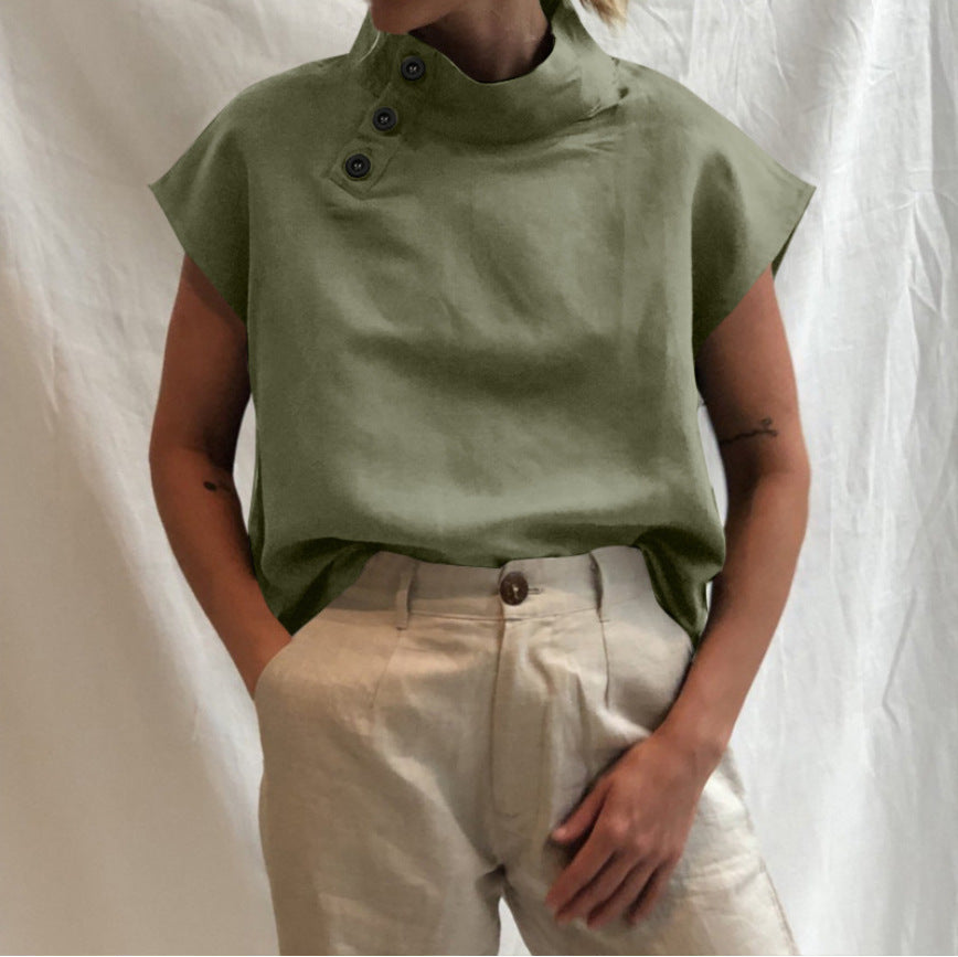 Dames Haut à manches courtes confortable avec col montant tendance Chic und Stil